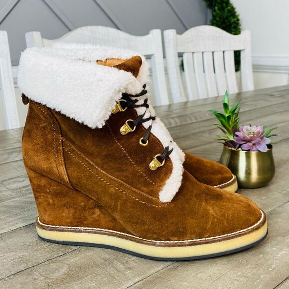 Napoleoni Tan Shearling Suede Leather Lace Up Wedge Platform Winter‎ Boot 9.5 - Picture 1 of 6